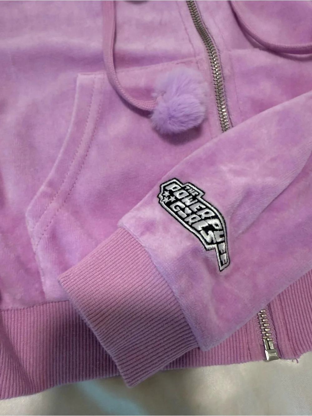 Dolls Kill Lavender Velour Zip Hoodie with Pom Pom Drawstrings